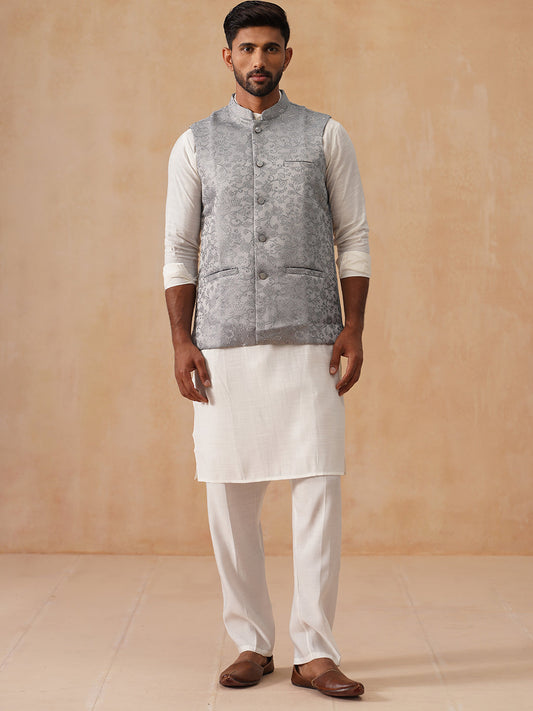 Nehru Jacket with Kurta Pyjama for Men ( JOKPWC 592W 4135 Silver )