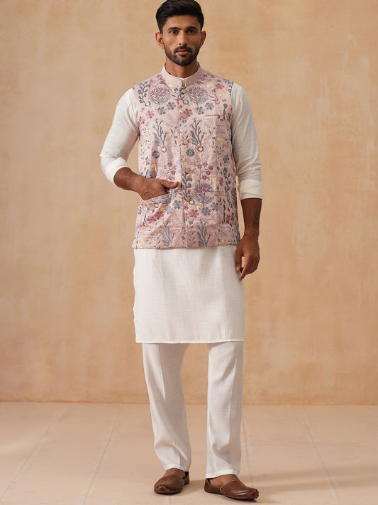 Embroidered Nehru Jacket with Kurta Pyjama Set ( JOKPWC 592W 4136 Peach )