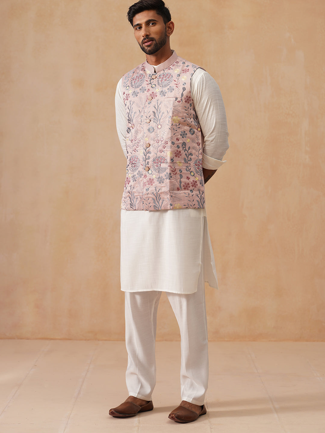 Embroidered Nehru Jacket with Kurta Pyjama Set ( JOKPWC 592W 4136 Peach )