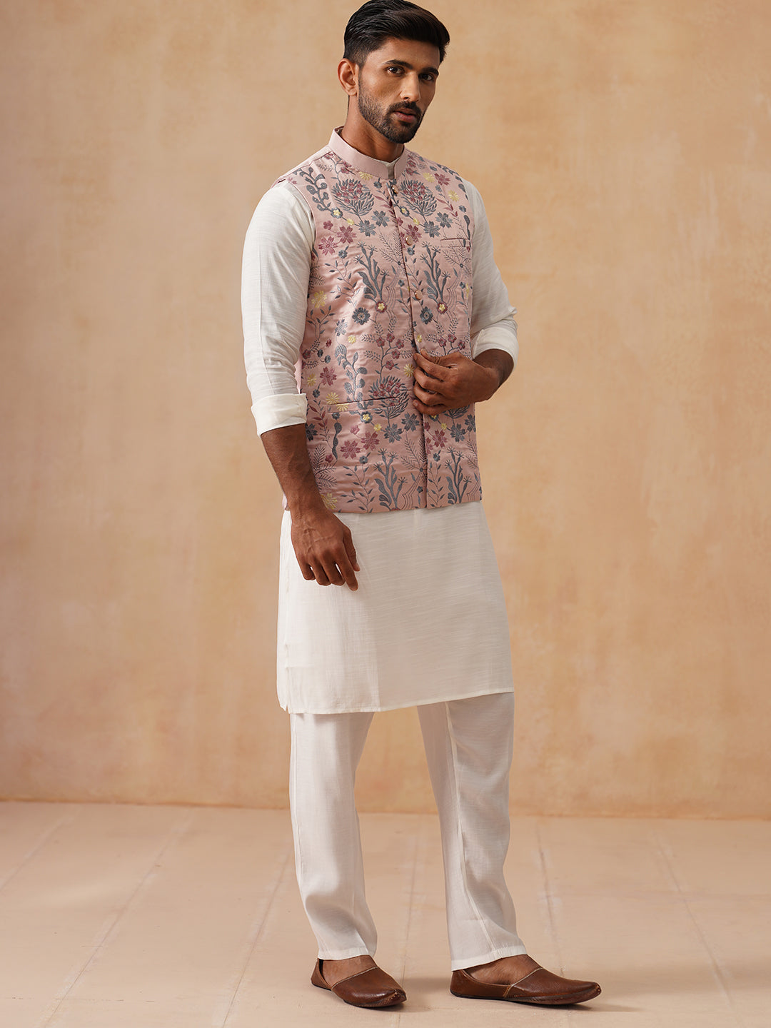 Embroidered Nehru Jacket with Kurta Pyjama Set ( JOKPWC 592W 4136 Peach )