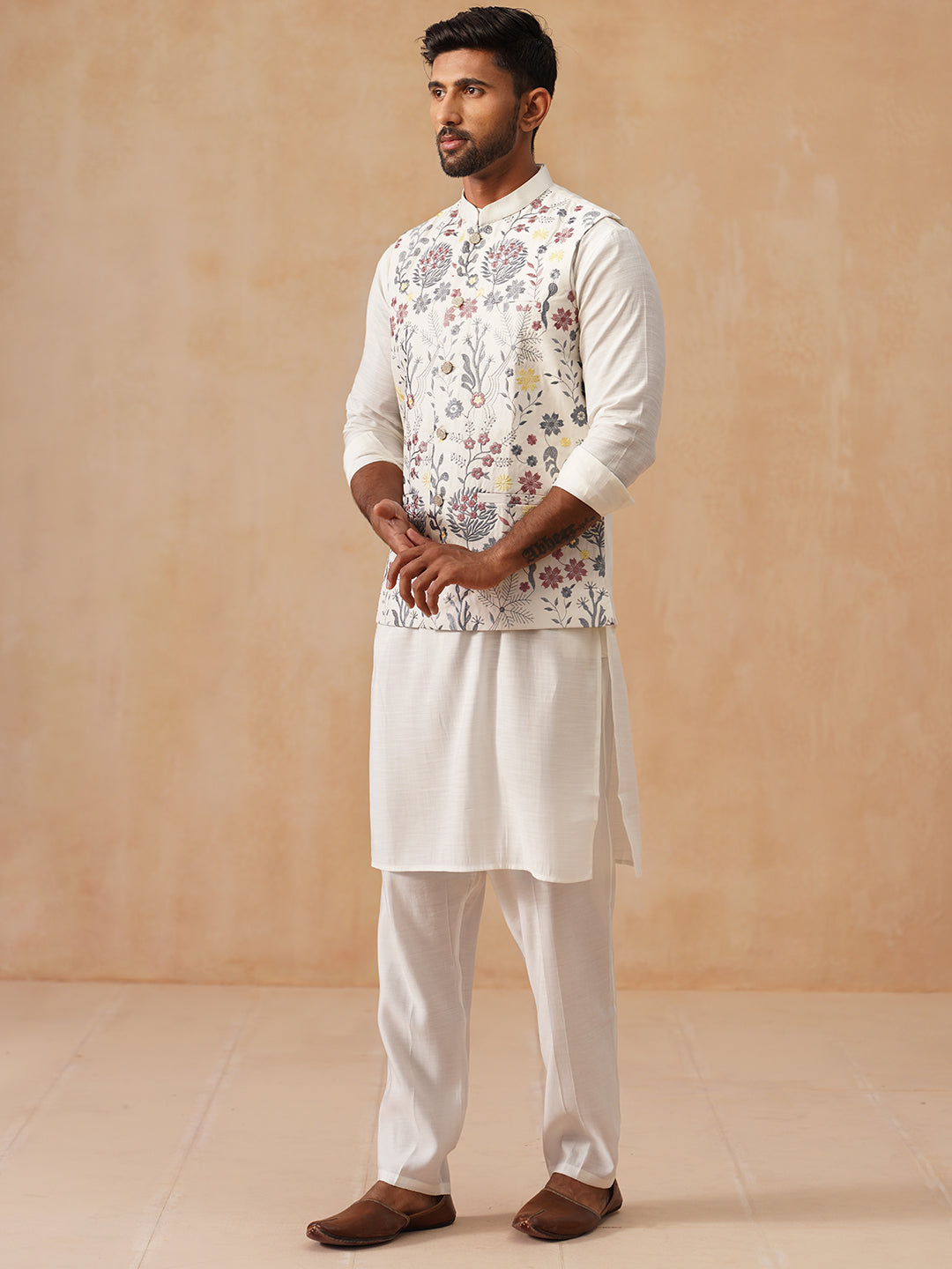 Embroidered Nehru Jacket with Kurta Pyjama Set ( JOKPWC 592W 4136 White )