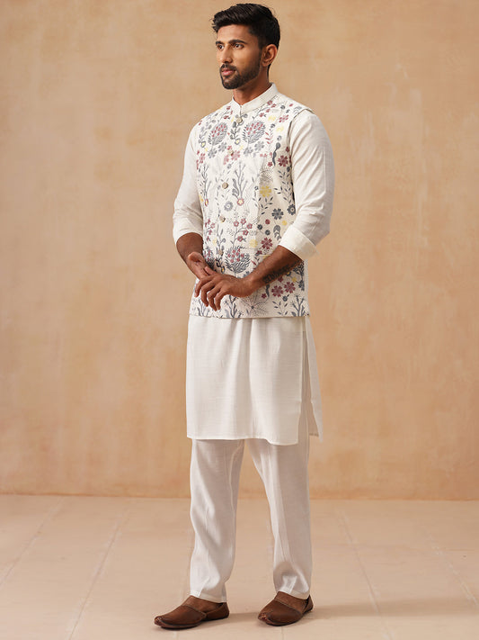 Embroidered Nehru Jacket with Kurta Pyjama Set ( JOKPWC 592W 4136 White )
