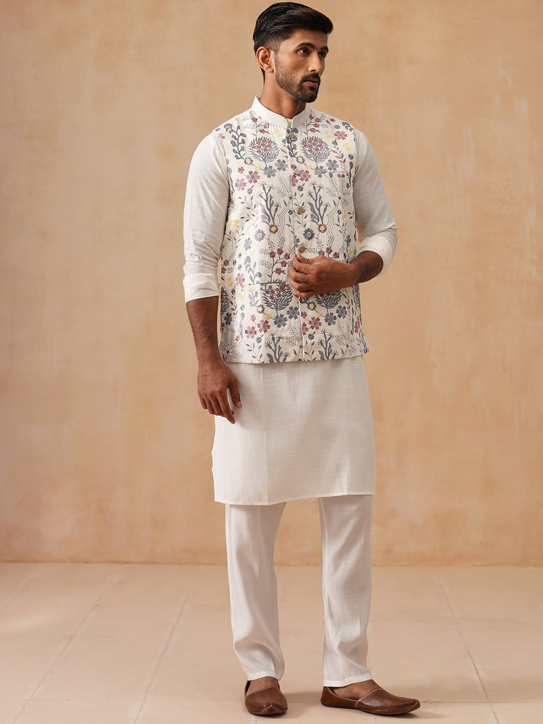 Embroidered Nehru Jacket with Kurta Pyjama Set ( JOKPWC 592W 4136 White )