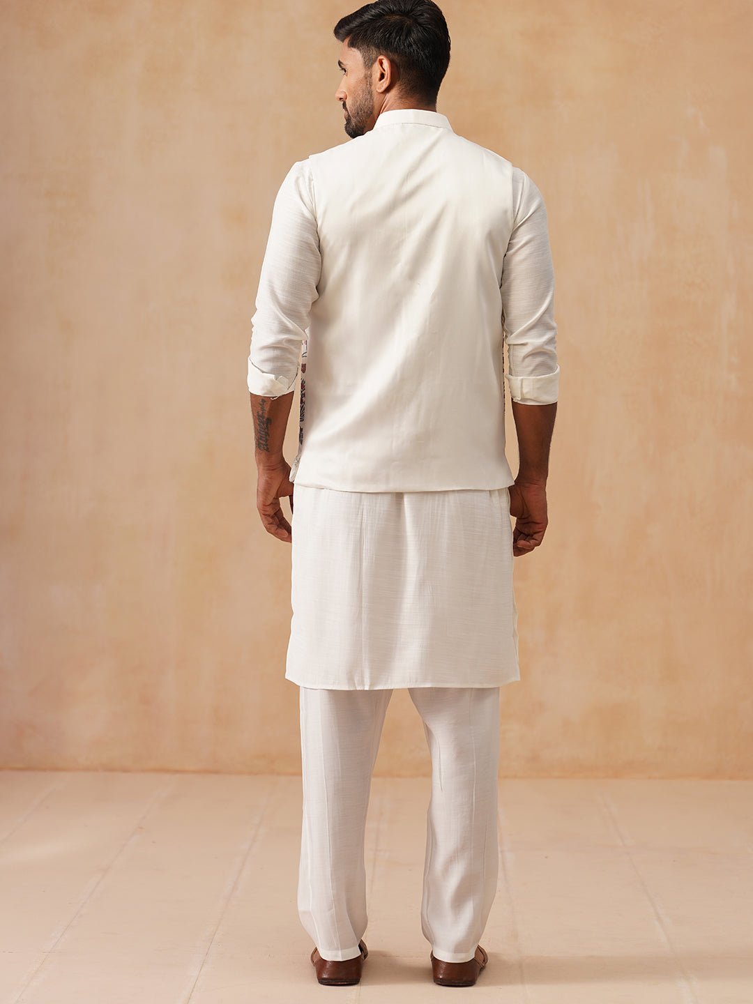 Embroidered Nehru Jacket with Kurta Pyjama Set ( JOKPWC 592W 4136 White )