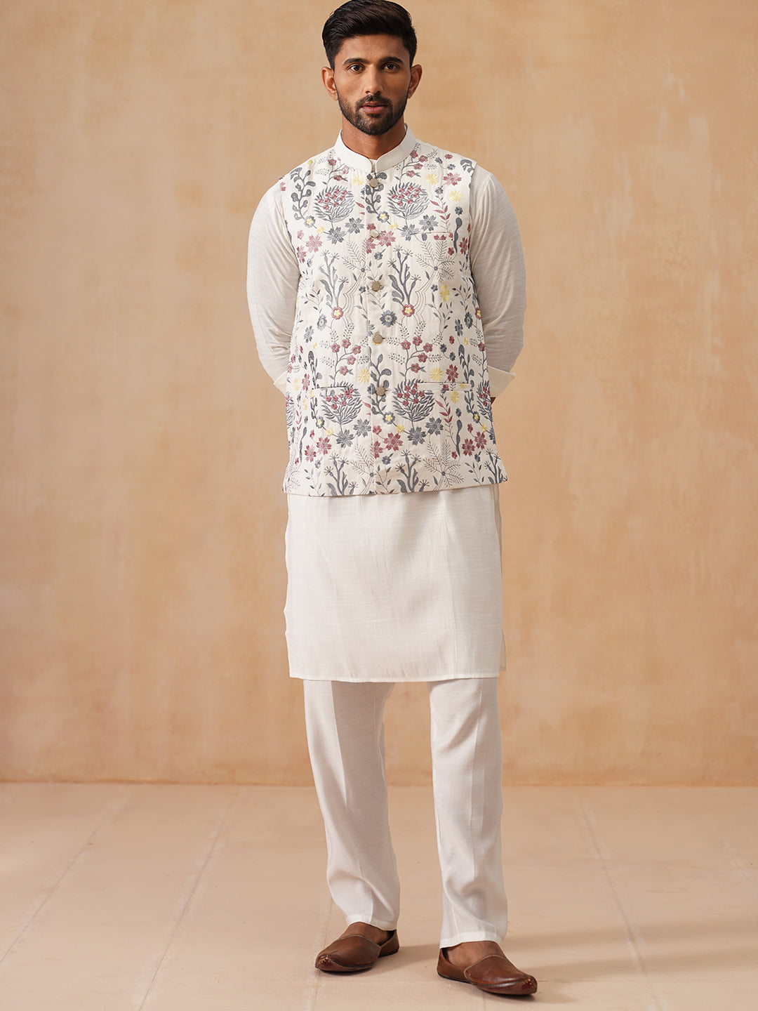 Embroidered Nehru Jacket with Kurta Pyjama Set ( JOKPWC 592W 4136 White )