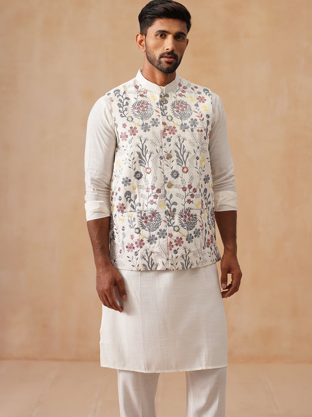 Embroidered Nehru Jacket with Kurta Pyjama Set ( JOKPWC 592W 4136 White )
