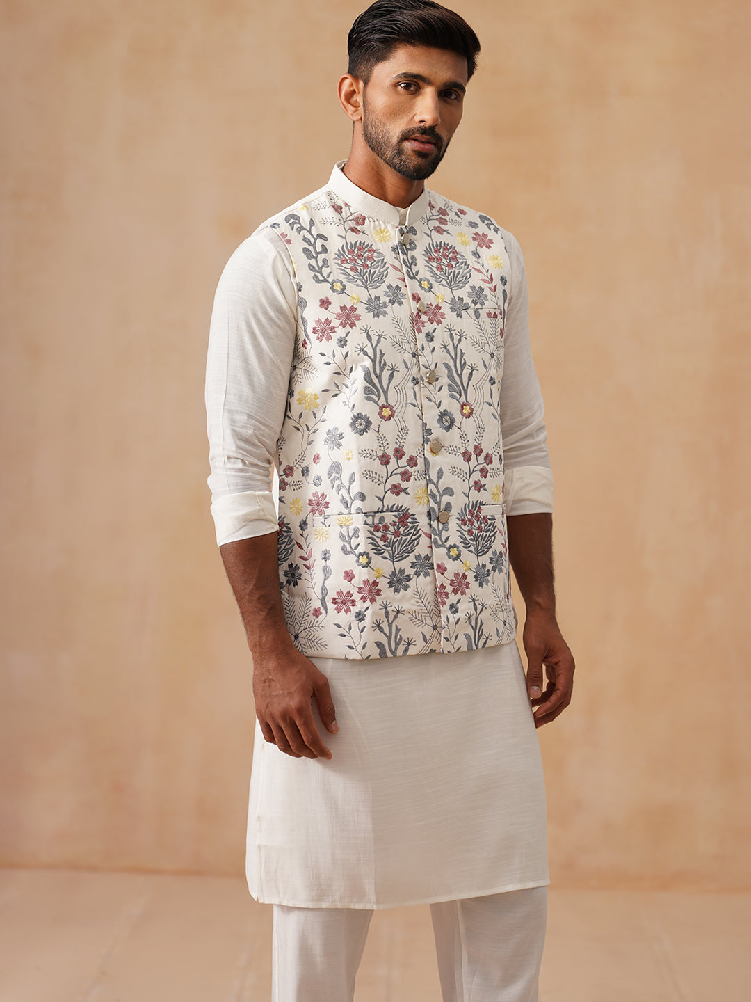 Embroidered Nehru Jacket with Kurta Pyjama Set ( JOKPWC 592W 4136 White )