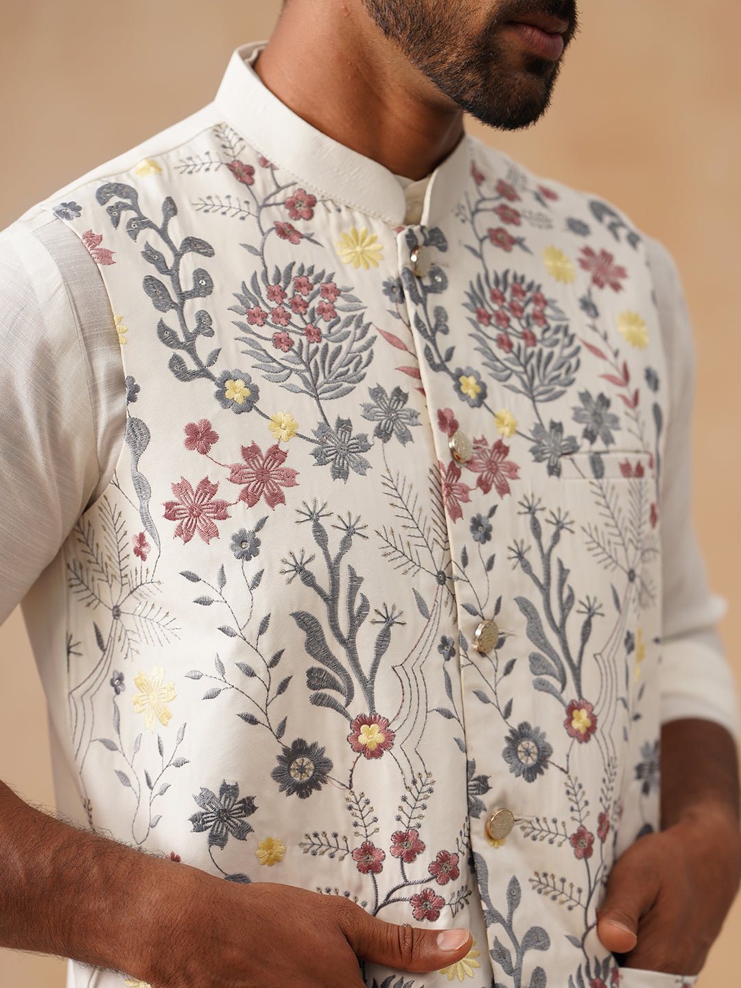 Embroidered Nehru Jacket with Kurta Pyjama Set ( JOKPWC 592W 4136 White )