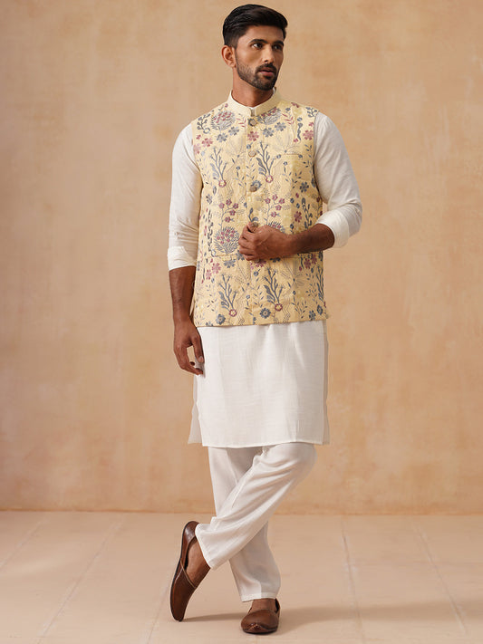 Embroidered Nehru Jacket with Kurta Pyjama Set ( JOKPWC 592W 4136 Yellow )