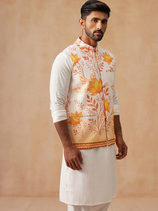 Silk Blend Kurta Pyjama Set with Printed Jacket ( JOKPWC 592W 4137 Orange )