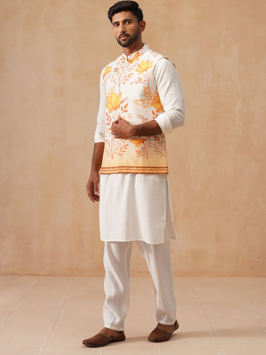 Silk Blend Kurta Pyjama Set with Printed Jacket ( JOKPWC 592W 4137 Orange )