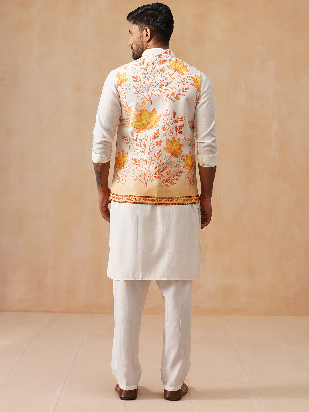 Silk Blend Kurta Pyjama Set with Printed Jacket ( JOKPWC 592W 4137 Orange )