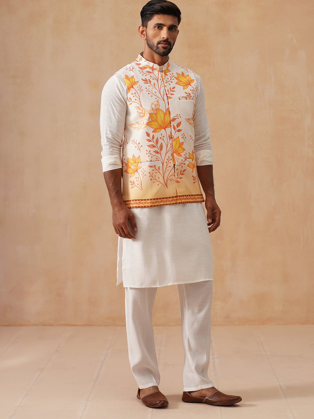 Silk Blend Kurta Pyjama Set with Printed Jacket ( JOKPWC 592W 4137 Orange )