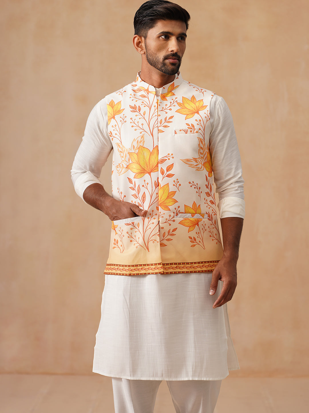 Silk Blend Kurta Pyjama Set with Printed Jacket ( JOKPWC 592W 4137 Orange )