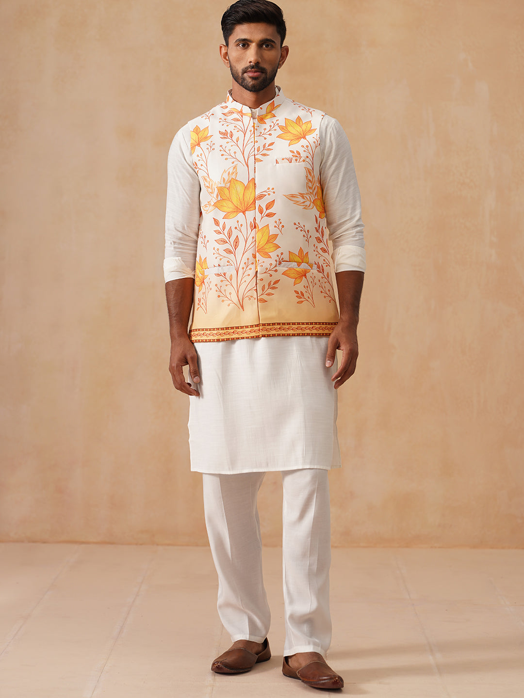 Silk Blend Kurta Pyjama Set with Printed Jacket ( JOKPWC 592W 4137 Orange )