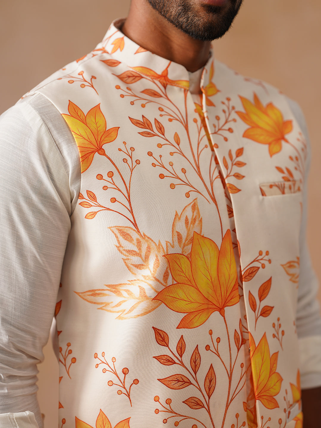 Silk Blend Kurta Pyjama Set with Printed Jacket ( JOKPWC 592W 4137 Orange )