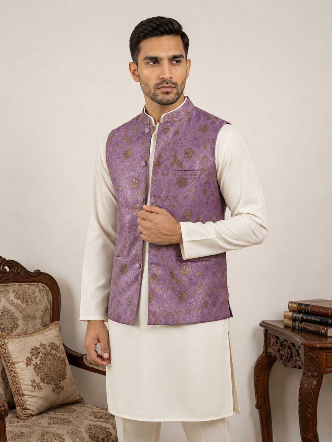 Woven Design Nehru Jacket with Cream Kurta Pyjama Set ( JOKPWC 592W 4139Voilet )