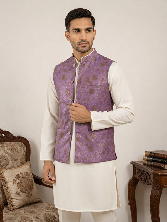 Woven Design Nehru Jacket with Cream Kurta Pyjama Set ( JOKPWC 592W 4139Voilet )