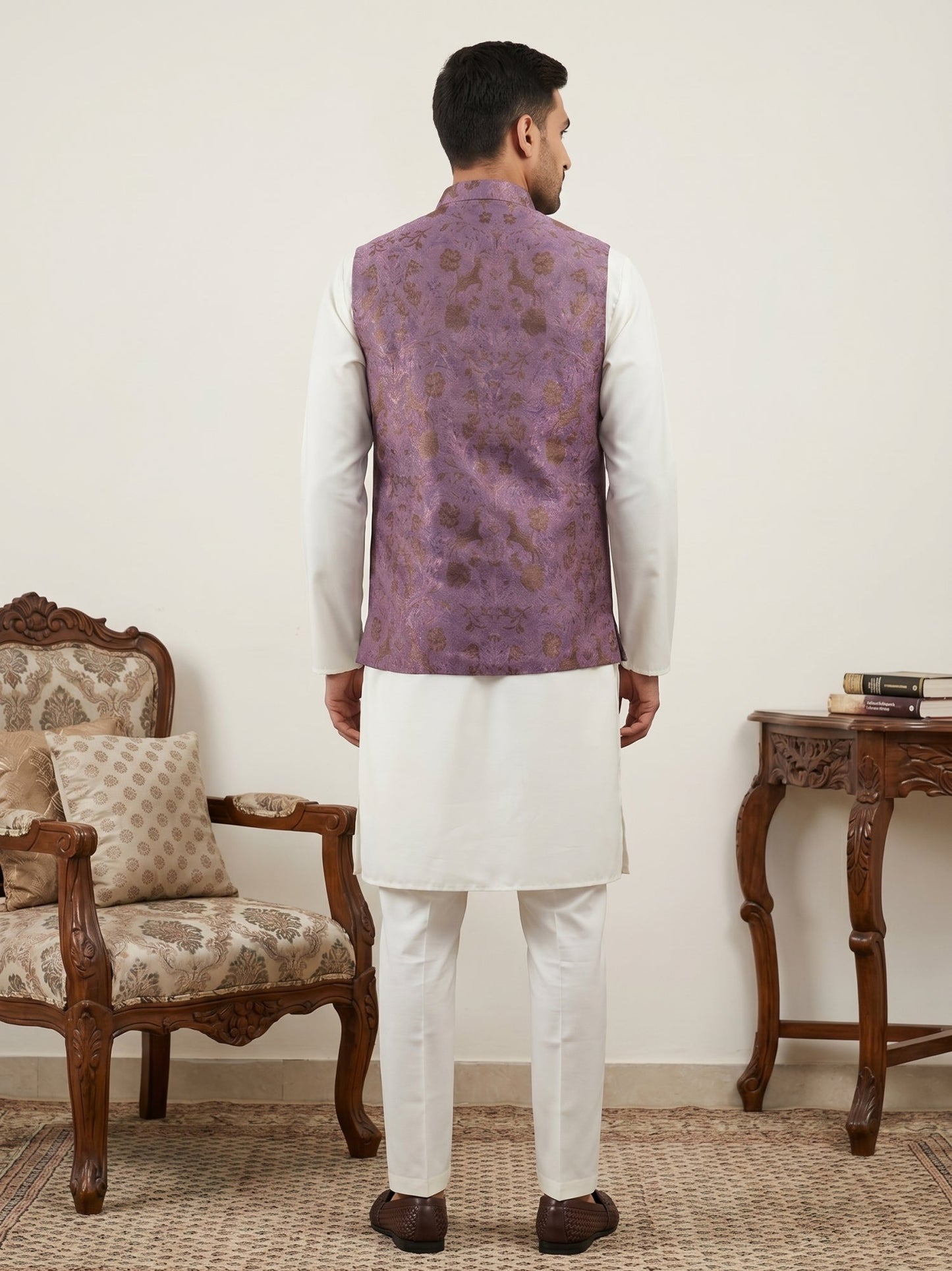 Woven Design Nehru Jacket with Cream Kurta Pyjama Set ( JOKPWC 592W 4139Voilet )