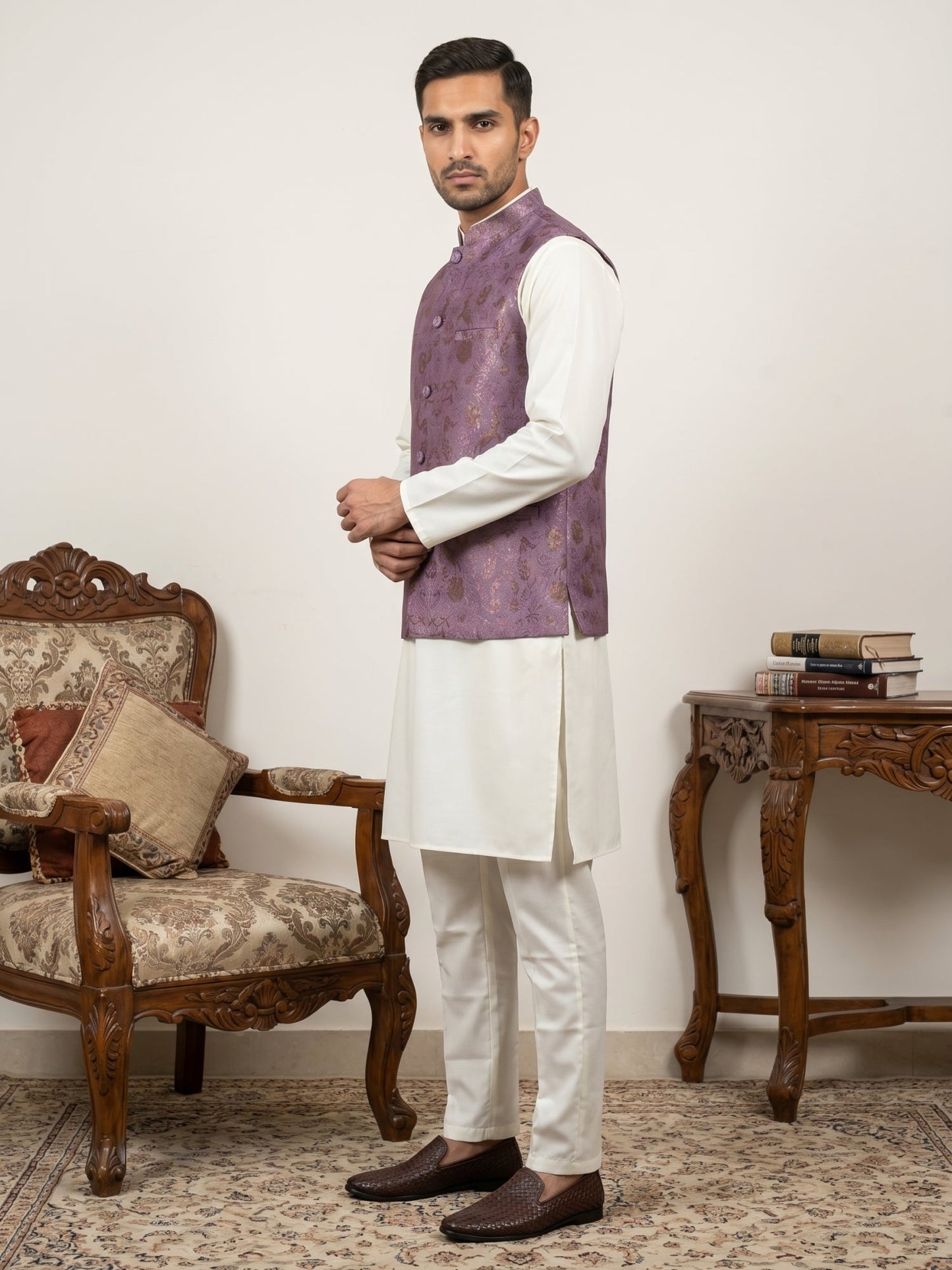Woven Design Nehru Jacket with Cream Kurta Pyjama Set ( JOKPWC 592W 4139Voilet )