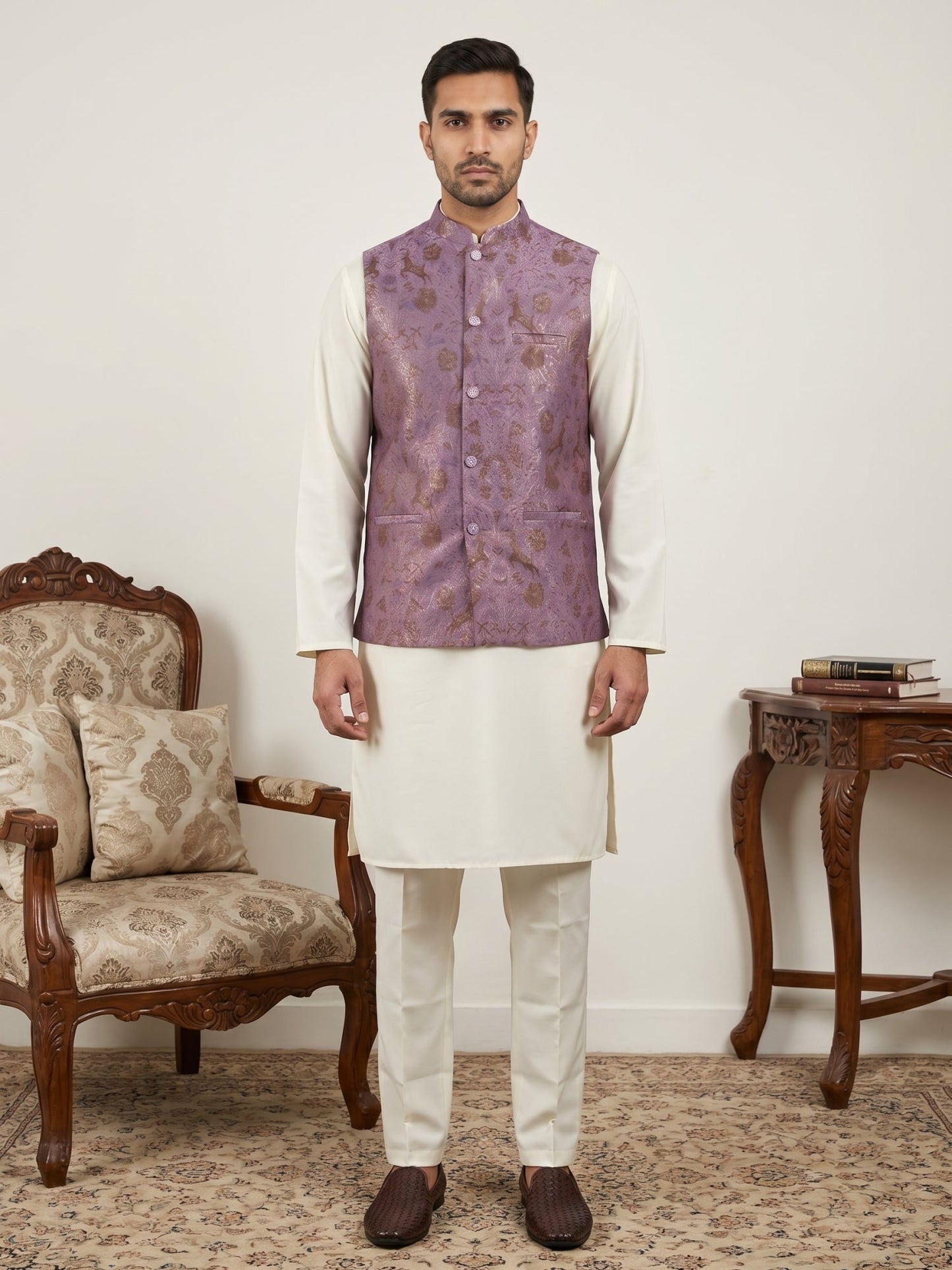 Woven Design Nehru Jacket with Cream Kurta Pyjama Set ( JOKPWC 592W 4139Voilet )
