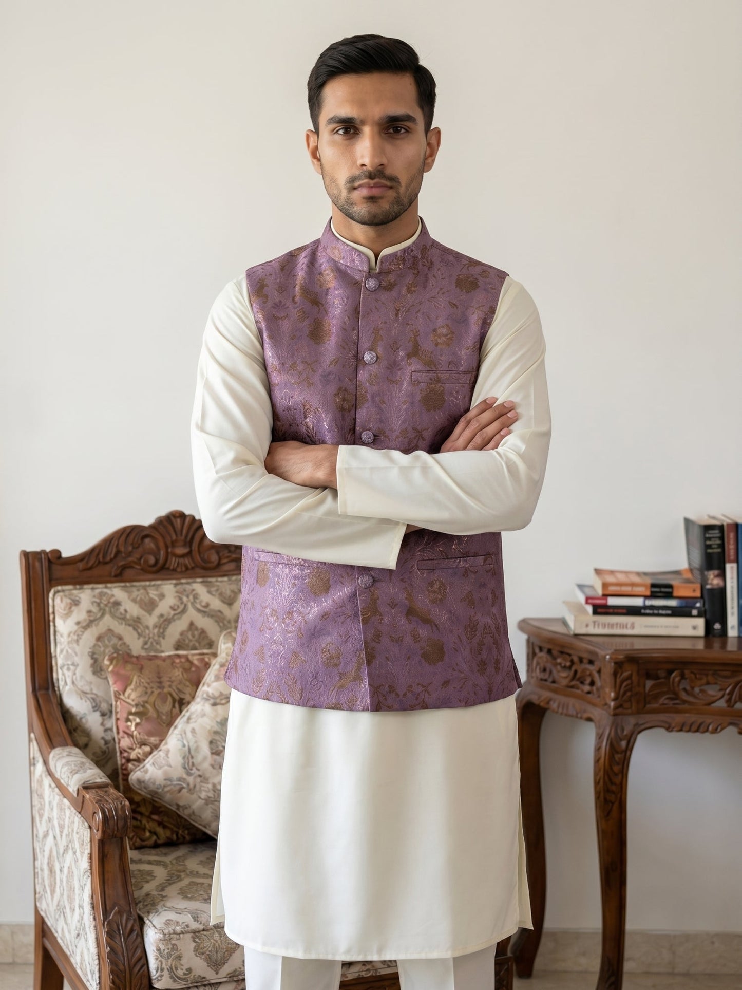 Woven Design Nehru Jacket with Cream Kurta Pyjama Set ( JOKPWC 592W 4139Voilet )