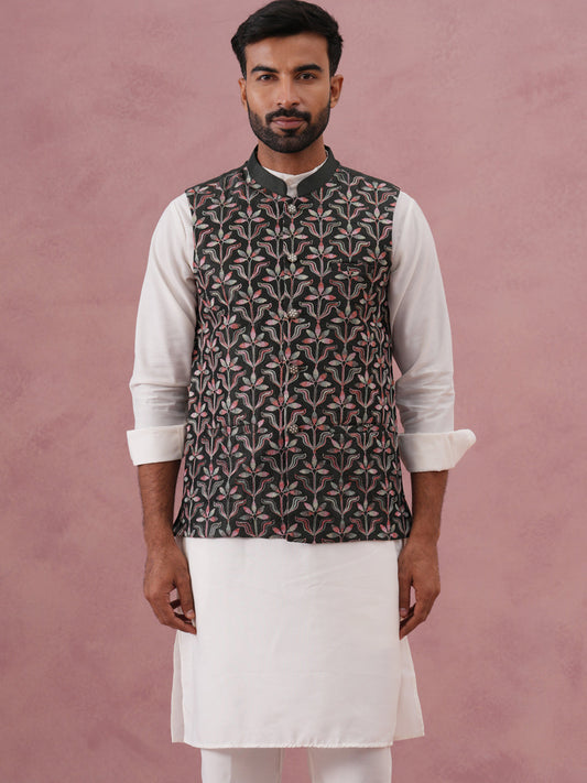 Festive Embroidered Nehru Jacket with Classic Kurta Pyjama ( JOKPWC 592W 4142 W 4142Mehndi )