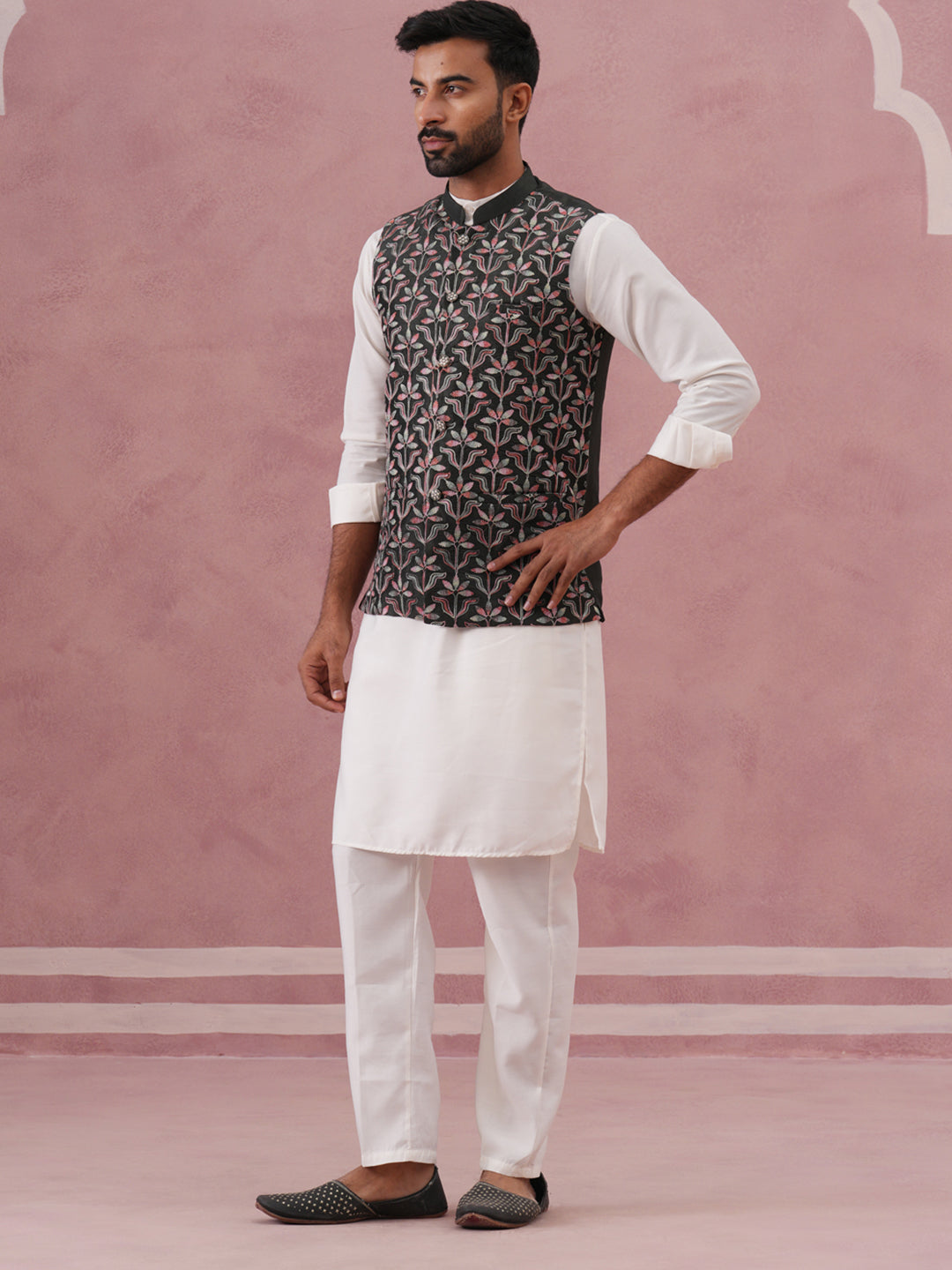 Festive Embroidered Nehru Jacket with Classic Kurta Pyjama ( JOKPWC 592W 4142 W 4142Mehndi )