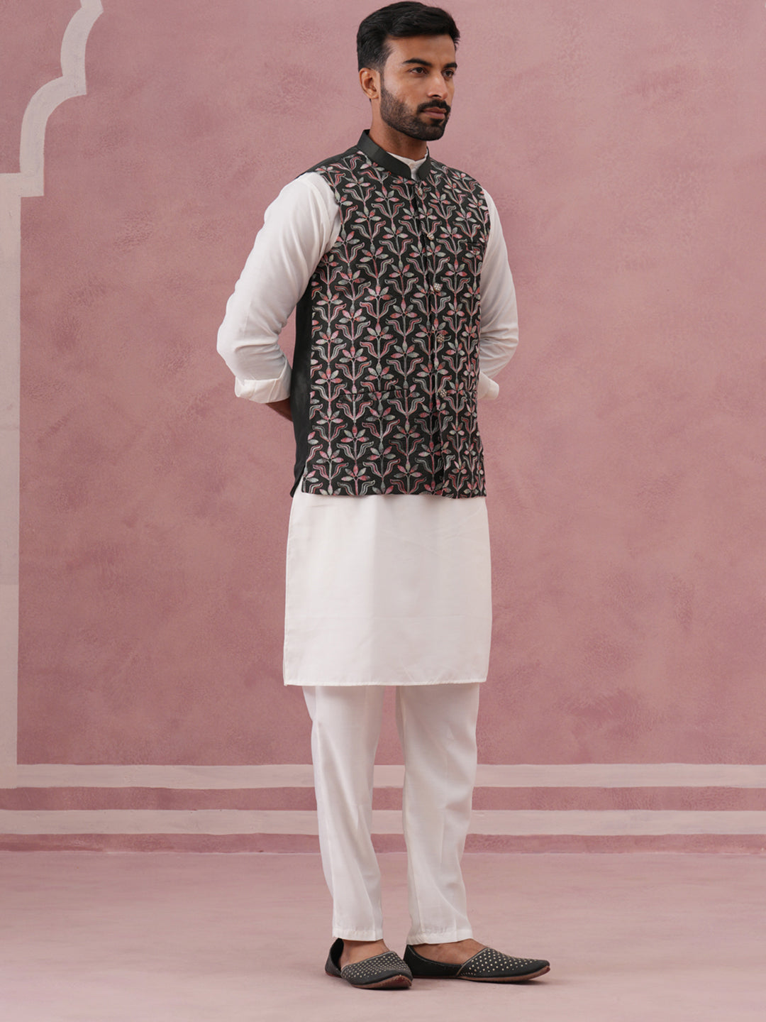 Festive Embroidered Nehru Jacket with Classic Kurta Pyjama ( JOKPWC 592W 4142 W 4142Mehndi )