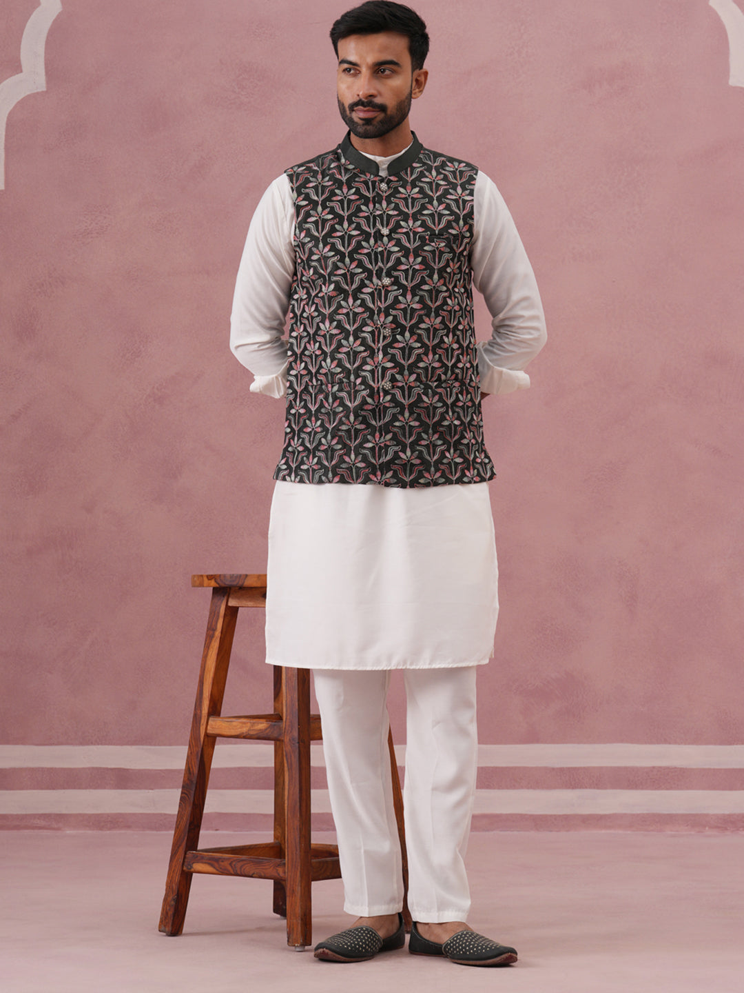 Festive Embroidered Nehru Jacket with Classic Kurta Pyjama ( JOKPWC 592W 4142 W 4142Mehndi )