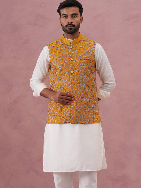 Festive Embroidered Nehru Jacket with Classic Kurta Pyjama ( JOKPWC 592W 4142 W 4142Mustard )
