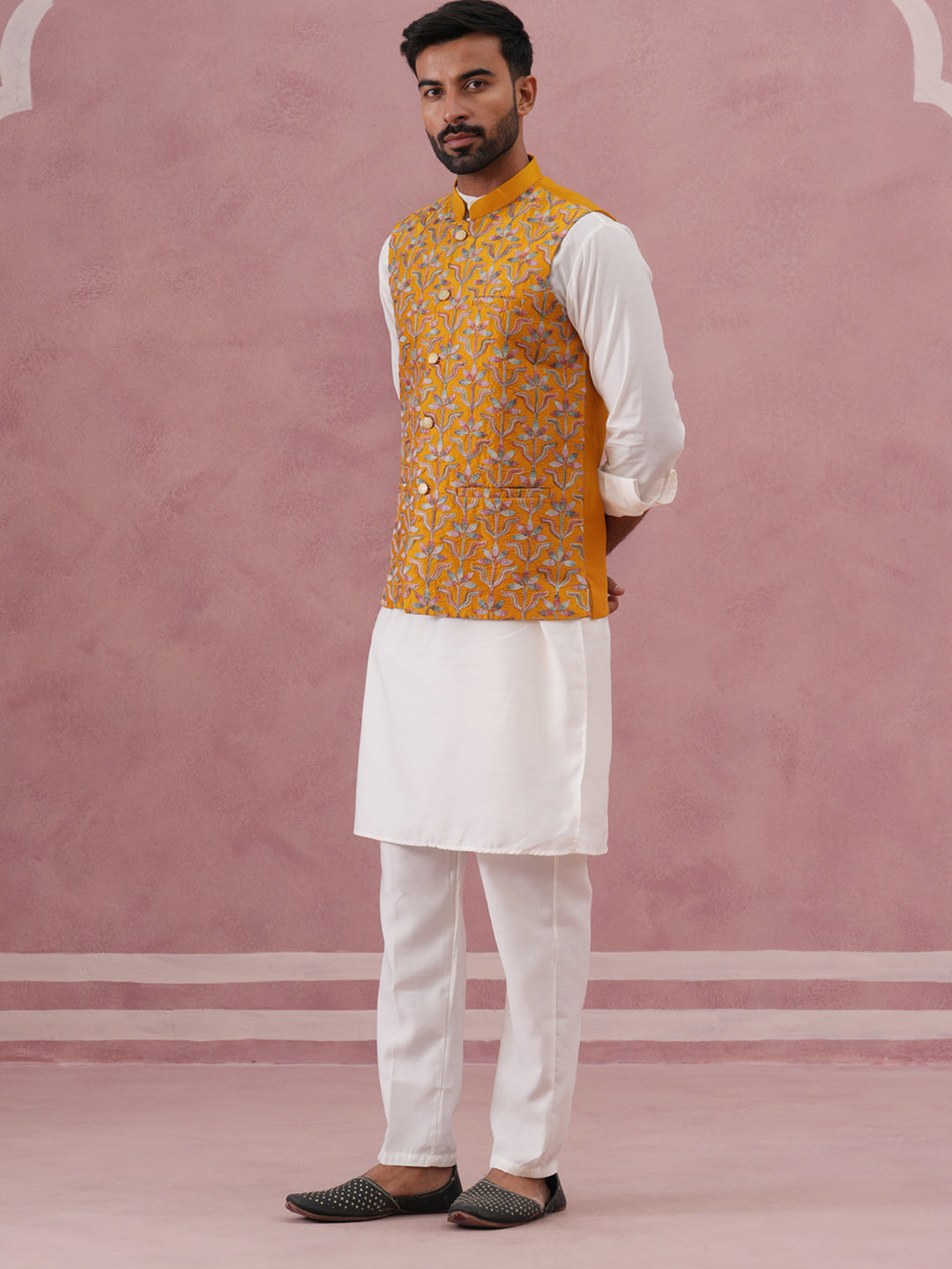 Festive Embroidered Nehru Jacket with Classic Kurta Pyjama ( JOKPWC 592W 4142 W 4142Mustard )