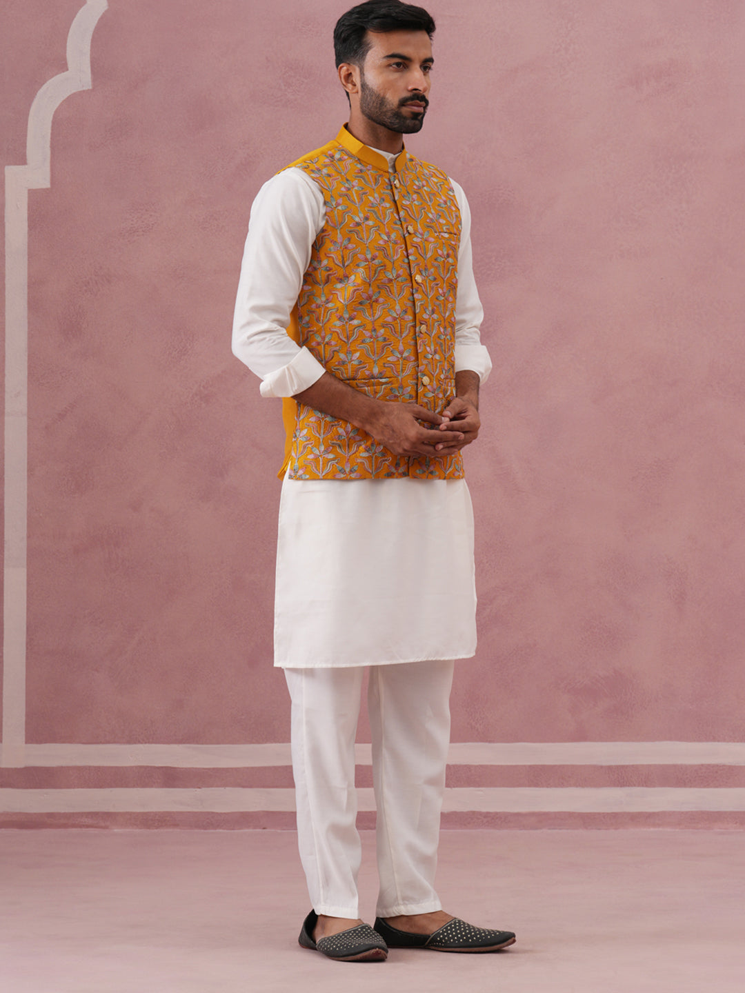 Festive Embroidered Nehru Jacket with Classic Kurta Pyjama ( JOKPWC 592W 4142 W 4142Mustard )