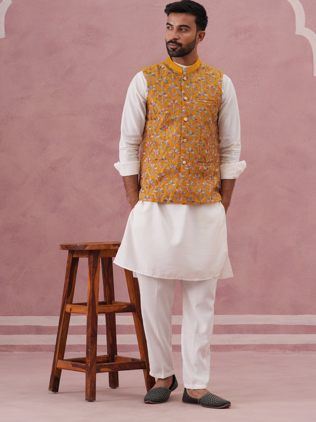 Festive Embroidered Nehru Jacket with Classic Kurta Pyjama ( JOKPWC 592W 4142 W 4142Mustard )