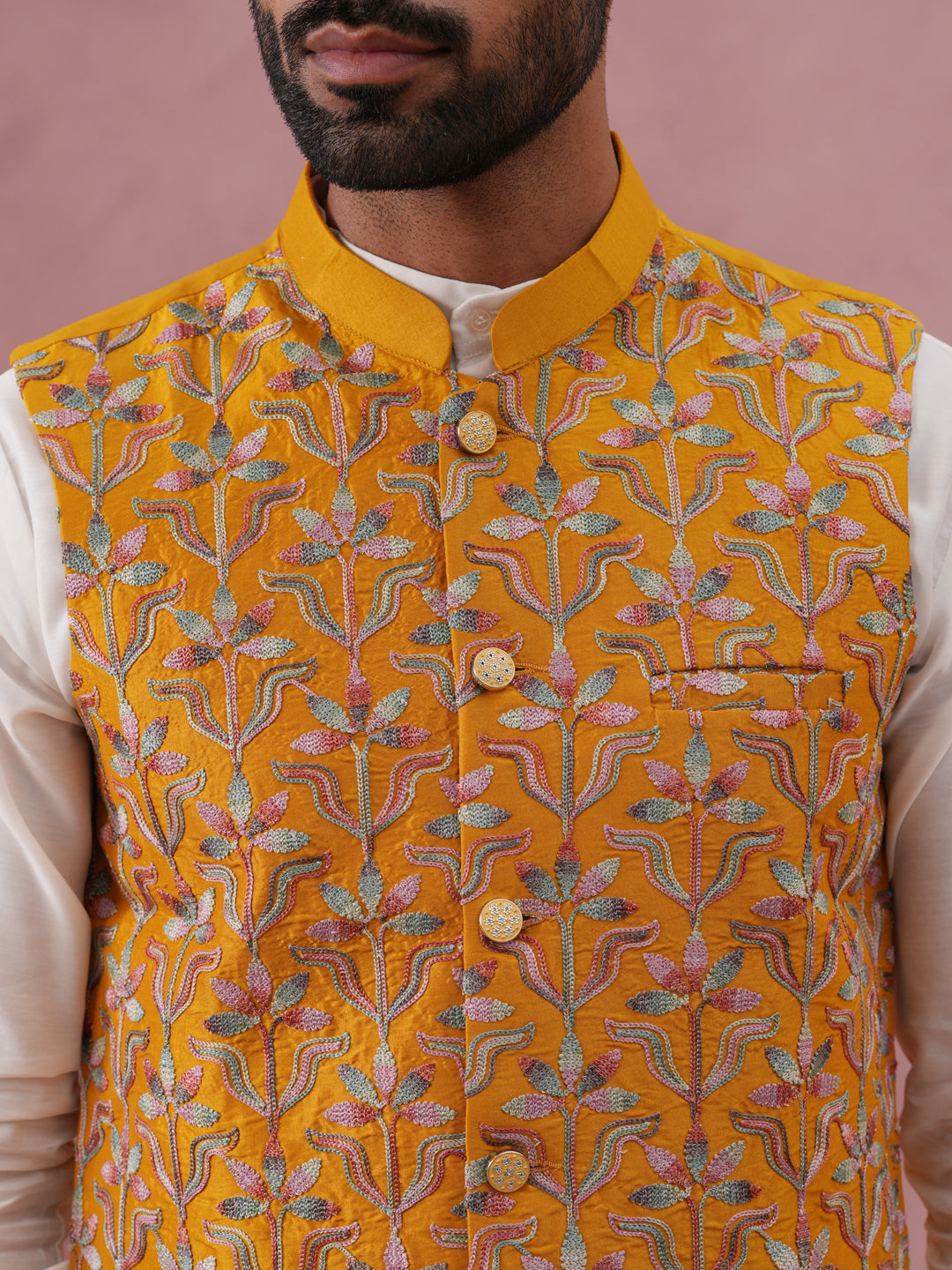 Festive Embroidered Nehru Jacket with Classic Kurta Pyjama ( JOKPWC 592W 4142 W 4142Mustard )