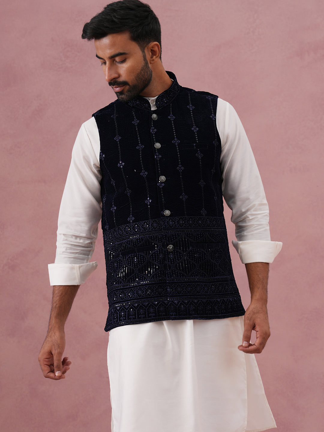 Designer Embroidered Velvet Nehru Jacket with Kurta Pyjama ( JOKPWC 592W 4146 W 4146Navy )