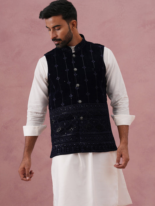 Designer Embroidered Velvet Nehru Jacket with Kurta Pyjama ( JOKPWC 592W 4146 W 4146Navy )