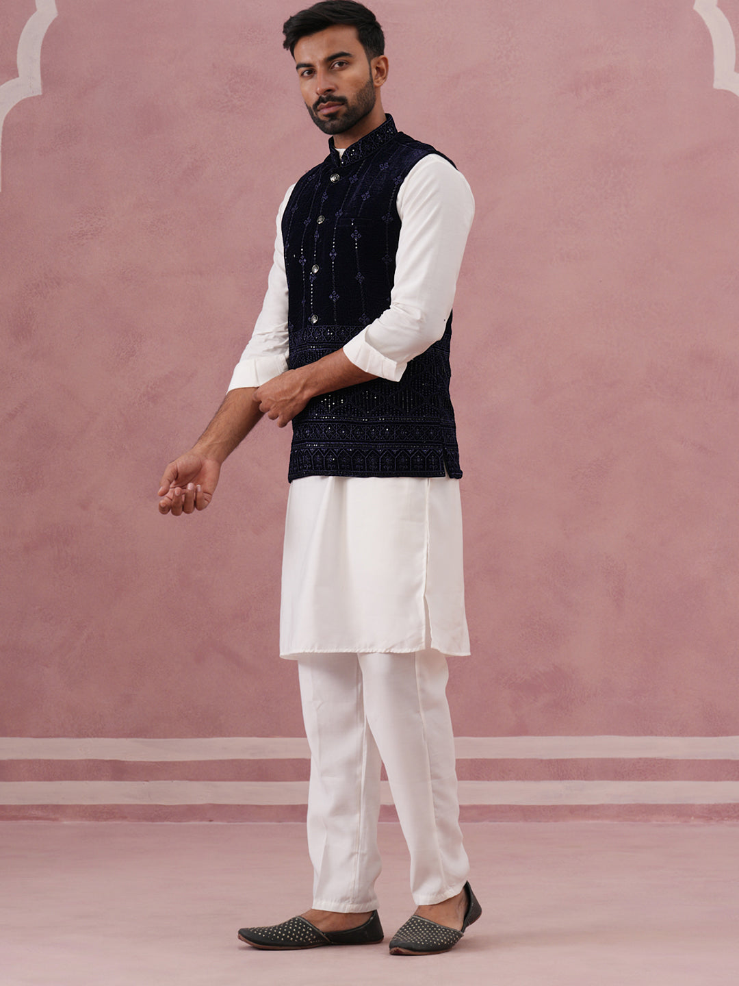 Designer Embroidered Velvet Nehru Jacket with Kurta Pyjama ( JOKPWC 592W 4146 W 4146Navy )