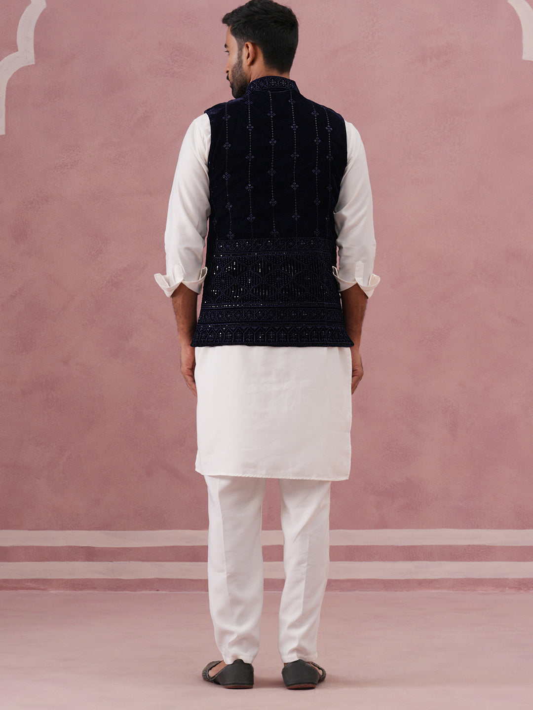 Designer Embroidered Velvet Nehru Jacket with Kurta Pyjama ( JOKPWC 592W 4146 W 4146Navy )