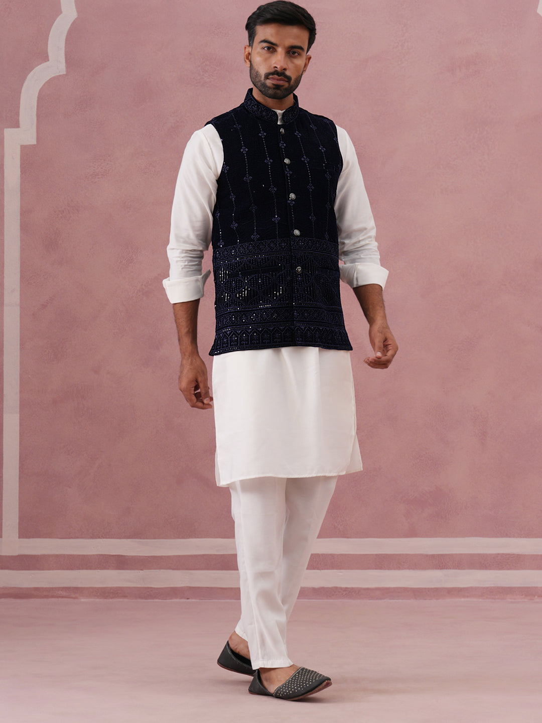 Designer Embroidered Velvet Nehru Jacket with Kurta Pyjama ( JOKPWC 592W 4146 W 4146Navy )