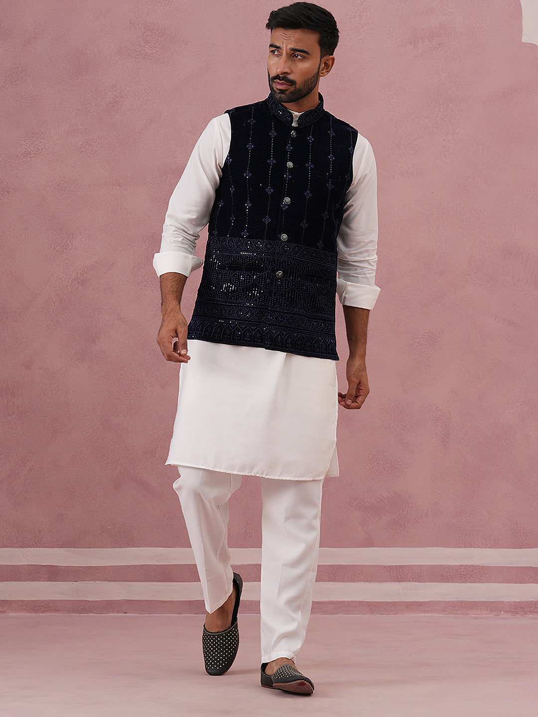 Designer Embroidered Velvet Nehru Jacket with Kurta Pyjama ( JOKPWC 592W 4146 W 4146Navy )
