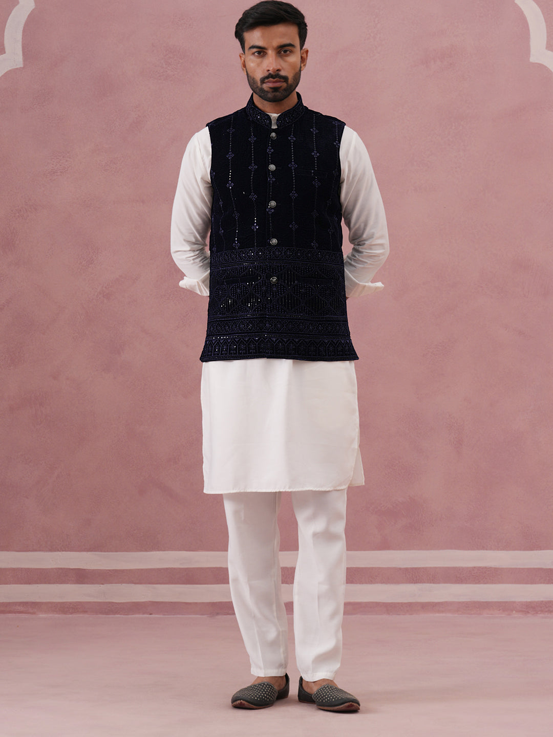 Designer Embroidered Velvet Nehru Jacket with Kurta Pyjama ( JOKPWC 592W 4146 W 4146Navy )
