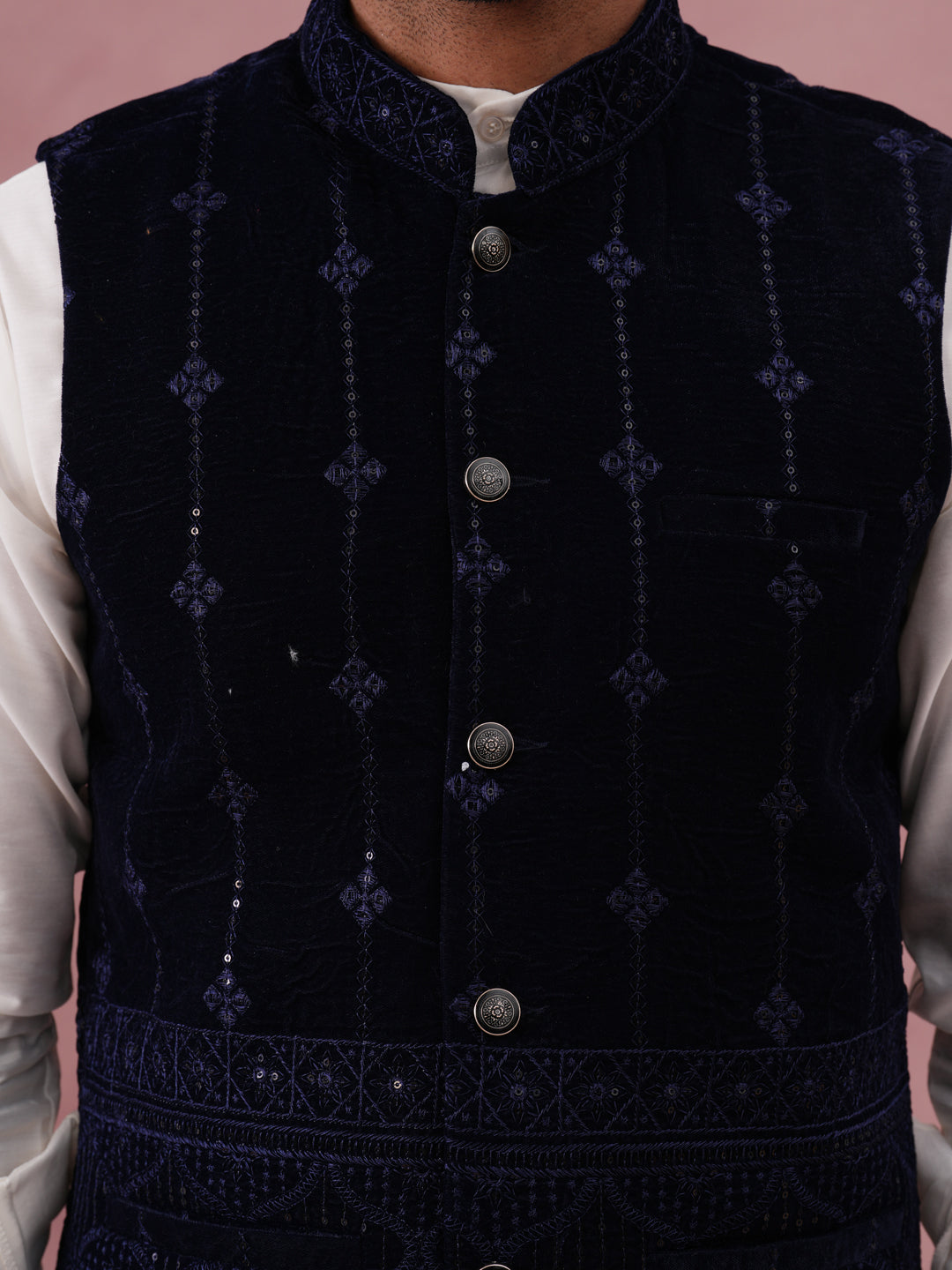 Designer Embroidered Velvet Nehru Jacket with Kurta Pyjama ( JOKPWC 592W 4146 W 4146Navy )