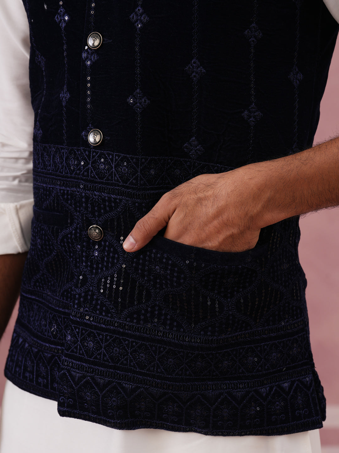 Designer Embroidered Velvet Nehru Jacket with Kurta Pyjama ( JOKPWC 592W 4146 W 4146Navy )