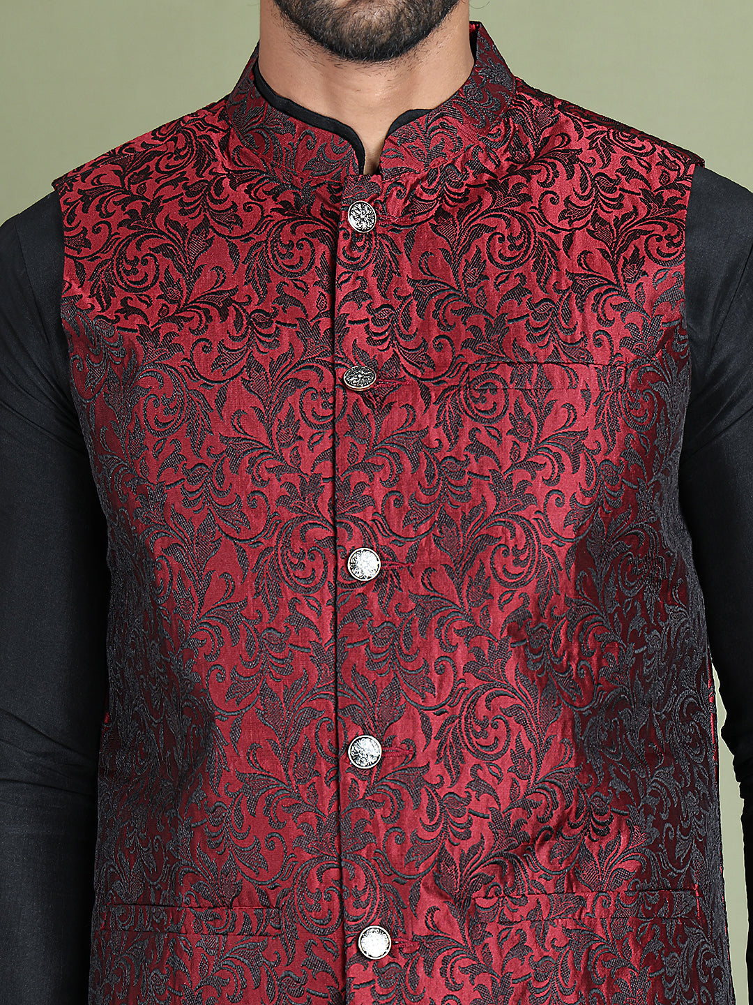 Woven Design Nehru Jacket With Solid Kurta Pyjama ( JOKPWC 636B 4004Maroon )