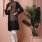 Men's Black Printed Nehru Jacket With Solid Kurta Pyjama