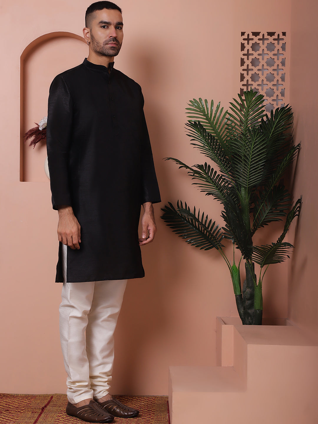 Men's Black Printed Nehru Jacket With Solid Kurta Pyjama