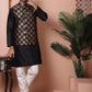 Men's Black Printed Nehru Jacket With Solid Kurta Pyjama
