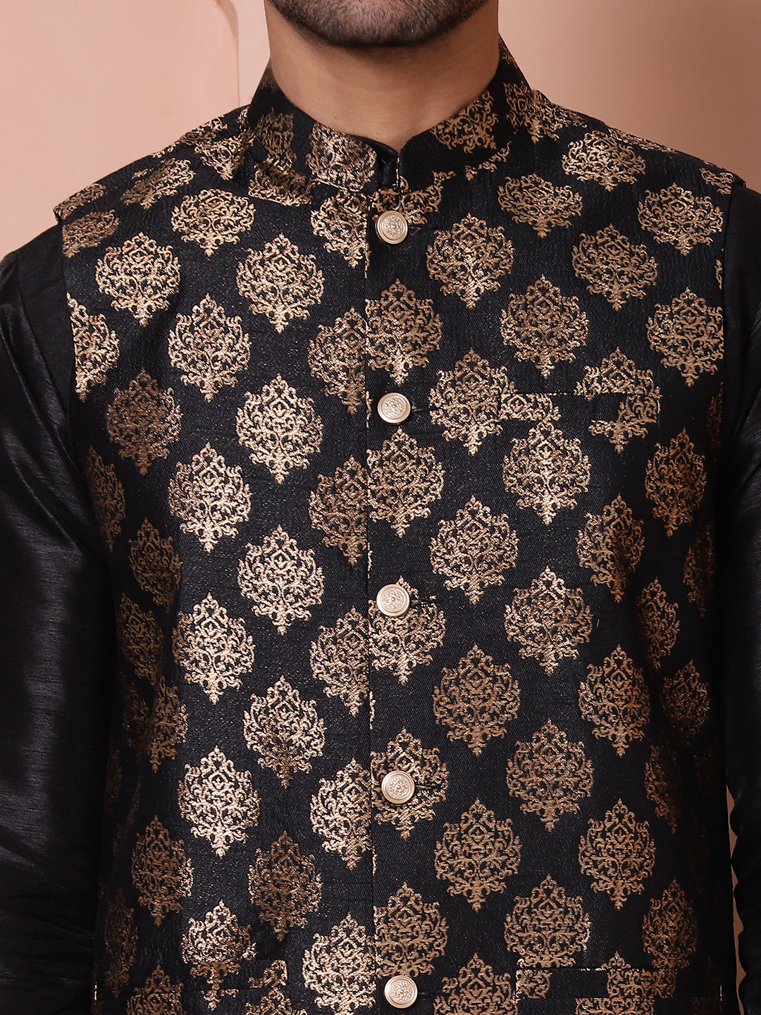 Men's Black Printed Nehru Jacket With Solid Kurta Pyjama