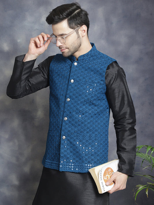 Men's Sequins and Embroidred Nehru Jacket With Solid Kurta Pyjama. ( JOKPWC 636B 4080Peacock )